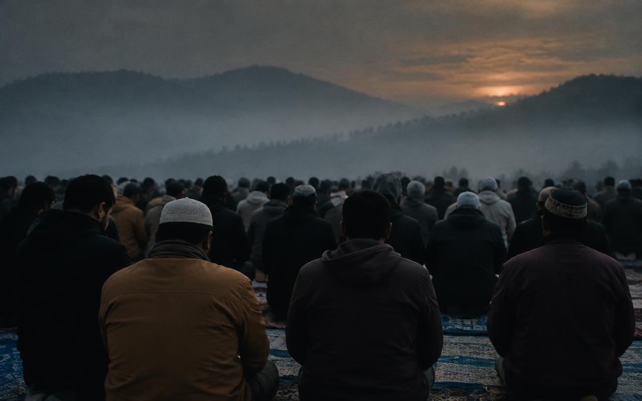 Rows of brothers in prayer at dawn
